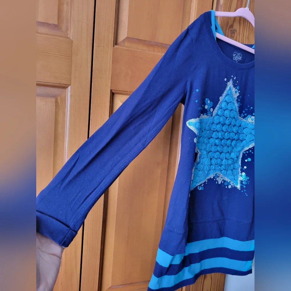 Justice Blue Star Long Sleeve Long Tunic Top Navy Turquise Rosettes 10